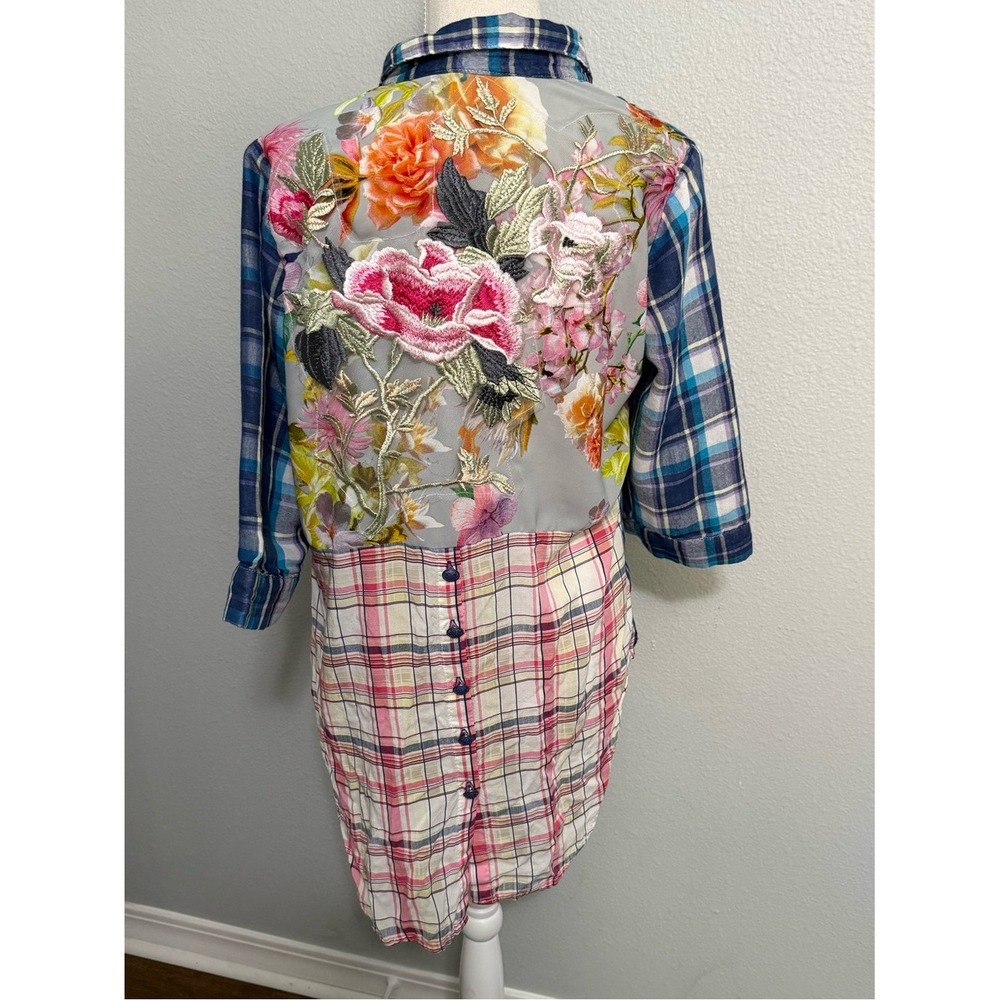 Soft Surroundings Floral Embroidered Mesh Back Plaid Button Down Shirt Blue S